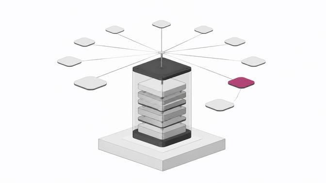 A compact hardware tower with internal stacked modules and a small orbiting cluster of identical task tokens, one highlighted, representing local inference capacity running multiple AI agent tasks.