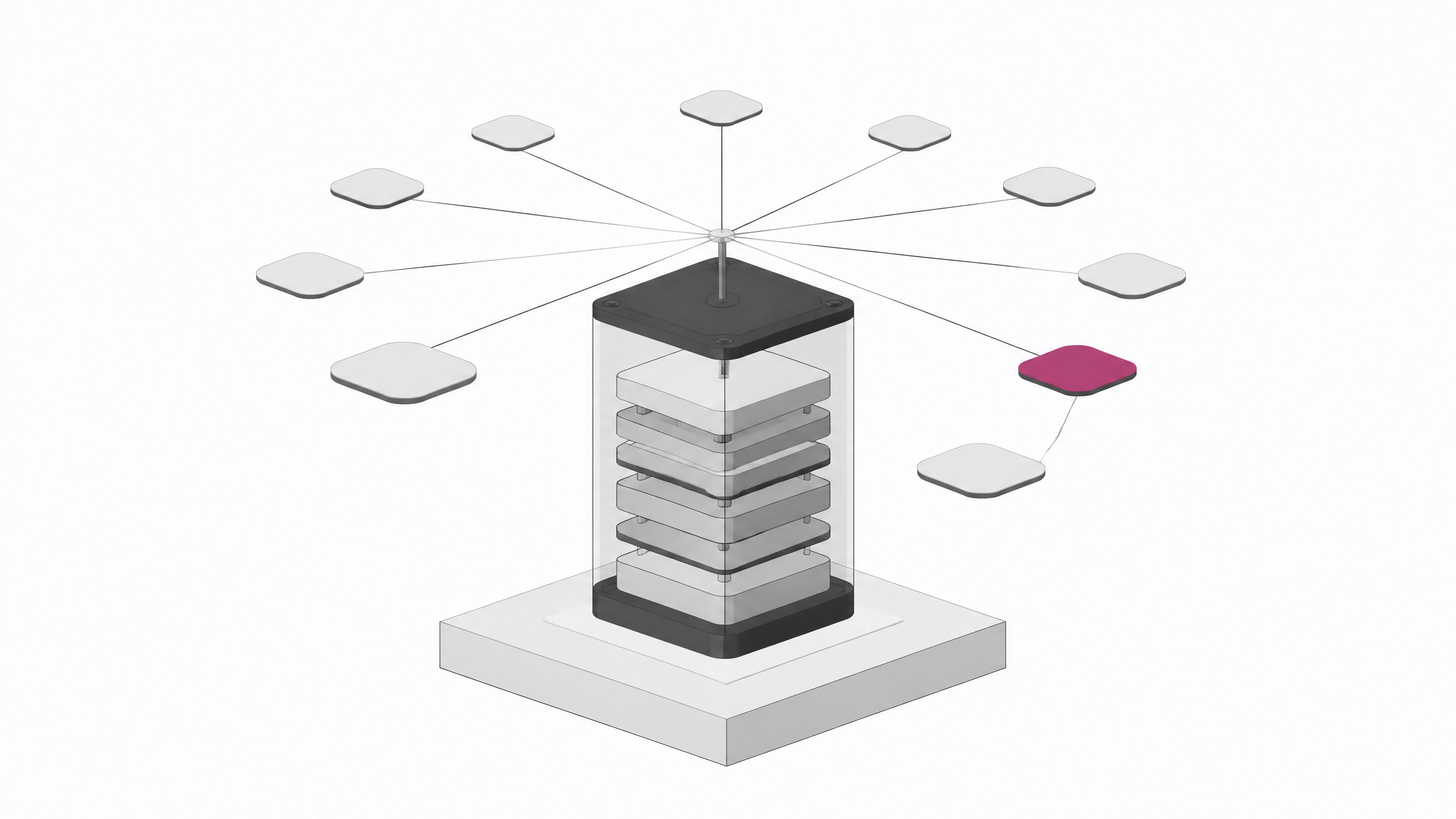 A compact hardware tower with internal stacked modules and a small orbiting cluster of identical task tokens, one highlighted, representing local inference capacity running multiple AI agent tasks.