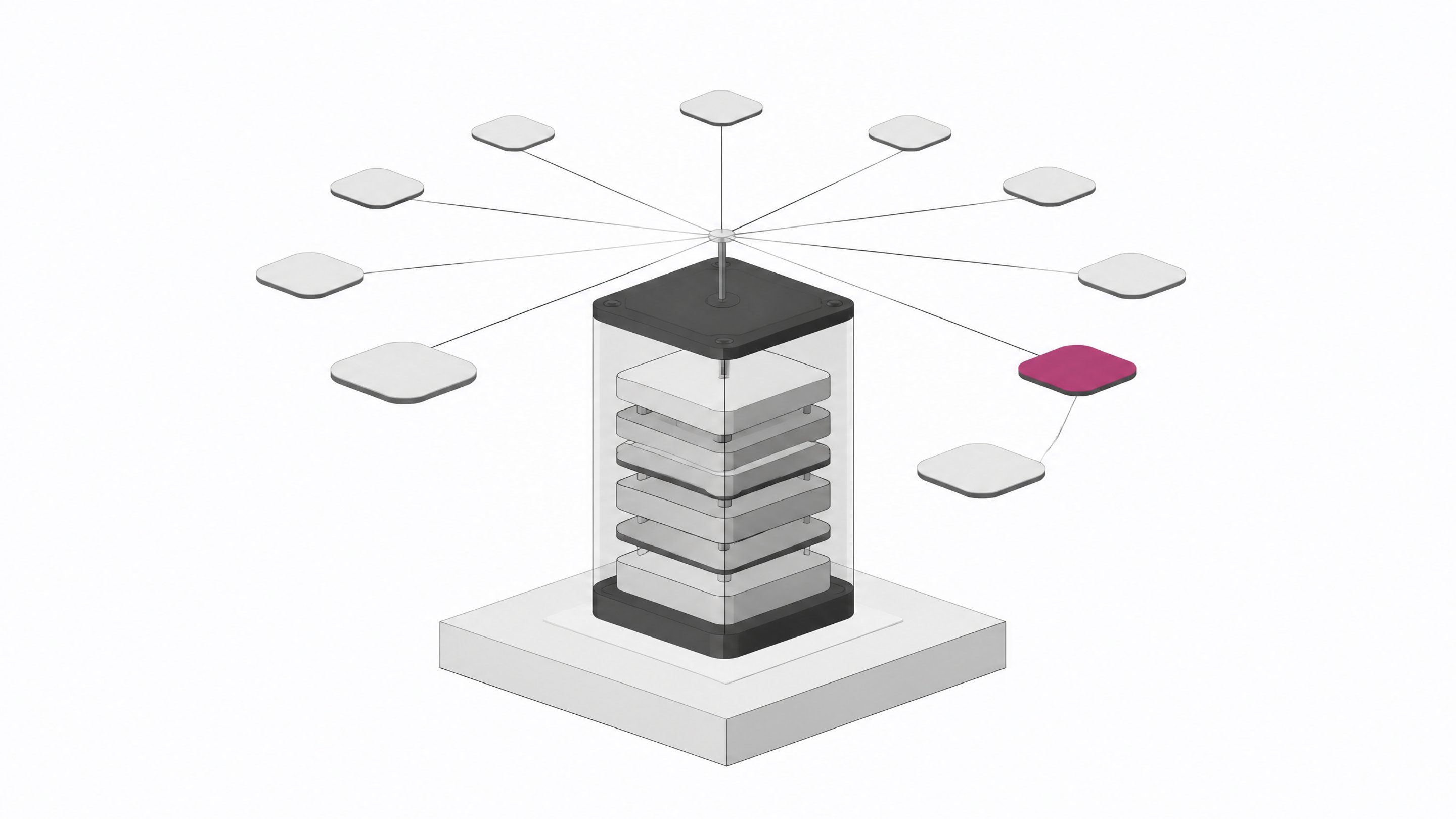 A compact hardware tower with internal stacked modules and a small orbiting cluster of identical task tokens, one highlighted, representing local inference capacity running multiple AI agent tasks.