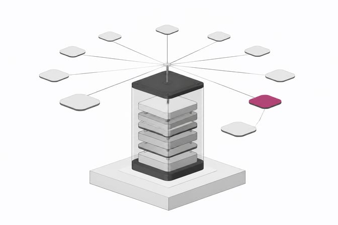A compact hardware tower with internal stacked modules and a small orbiting cluster of identical task tokens, one highlighted, representing local inference capacity running multiple AI agent tasks.