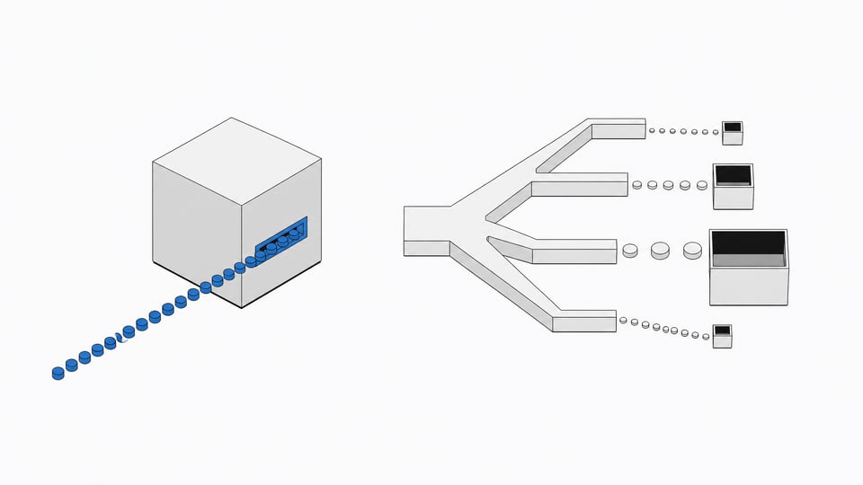 A sealed uniform intake box contrasted with a branching routing manifold that distributes tokens across differently sized processing chambers, illustrating tiered request routing for large language model calls.