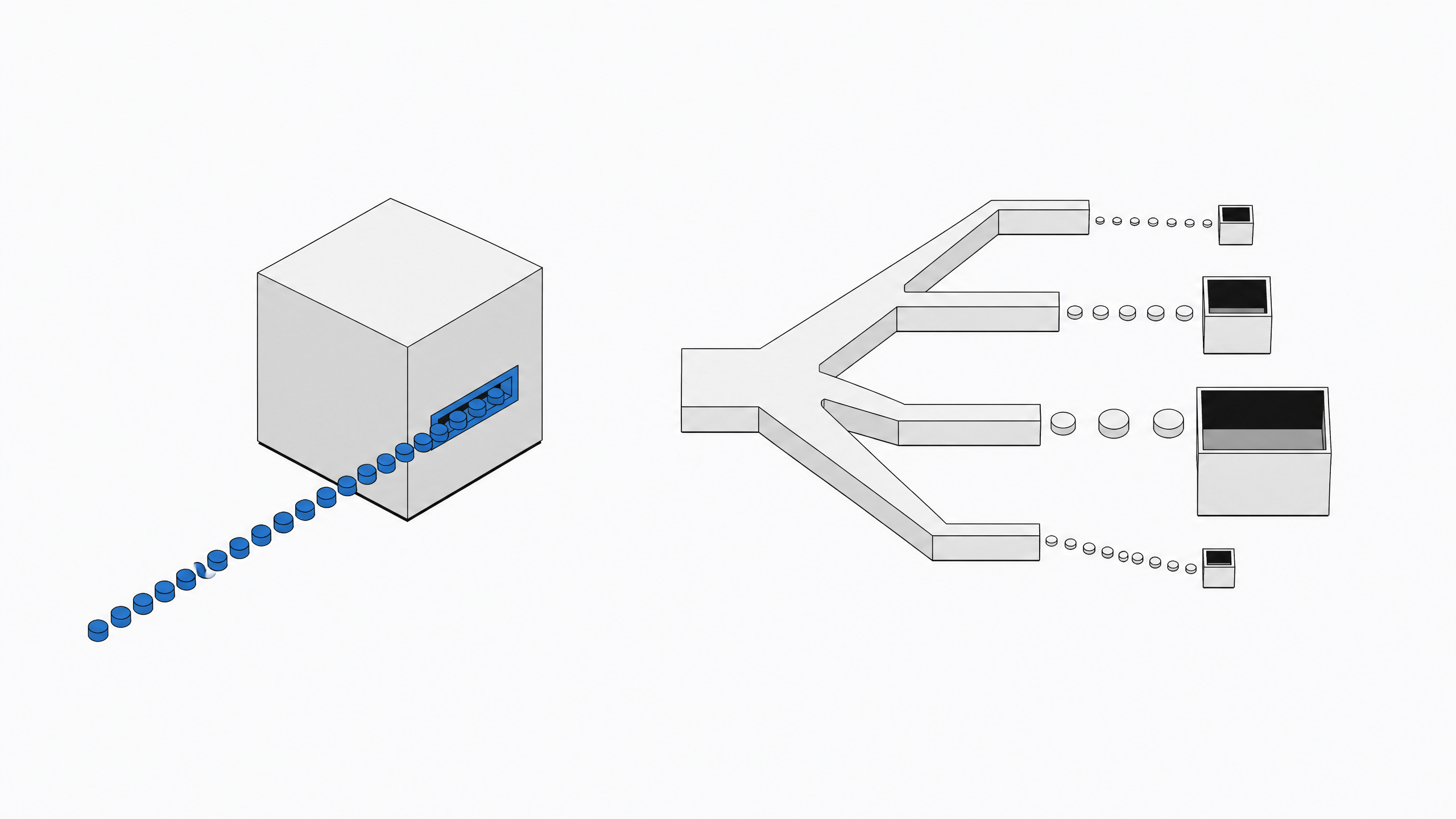 A sealed uniform intake box contrasted with a branching routing manifold that distributes tokens across differently sized processing chambers, illustrating tiered request routing for large language model calls.