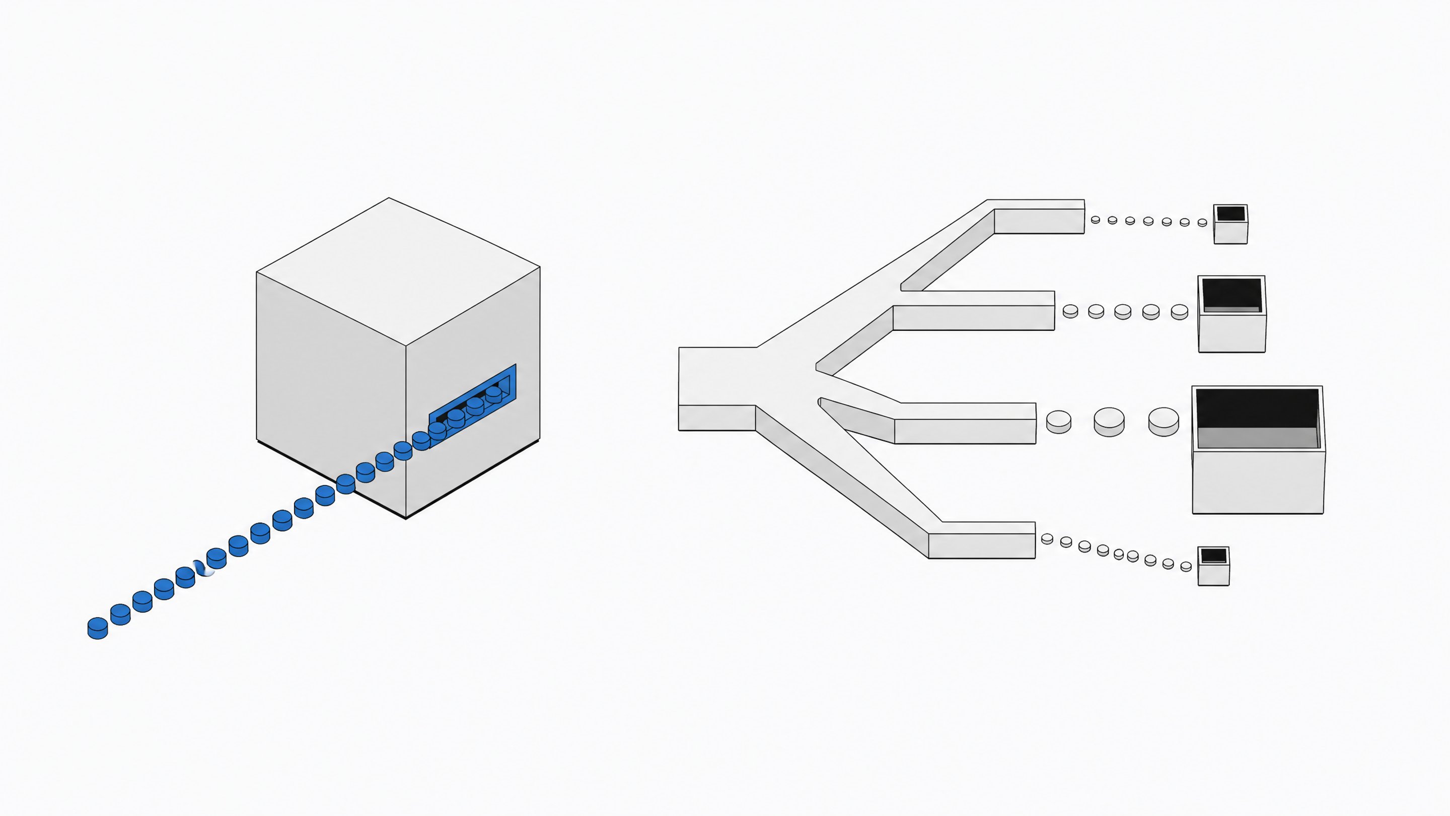 A sealed uniform intake box contrasted with a branching routing manifold that distributes tokens across differently sized processing chambers, illustrating tiered request routing for large language model calls.