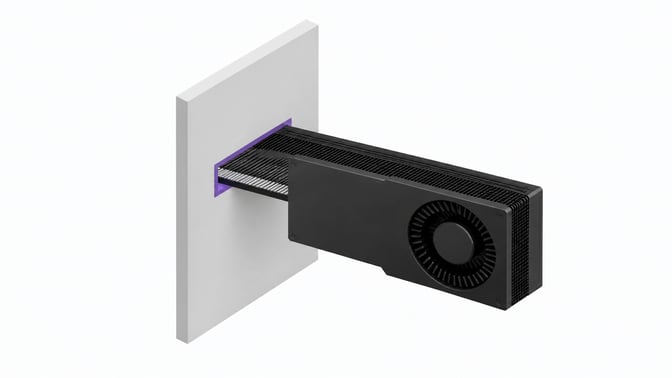 A GPU card passing through a precisely fitted aperture in a partition wall, representing GPU passthrough into an isolated virtual machine.