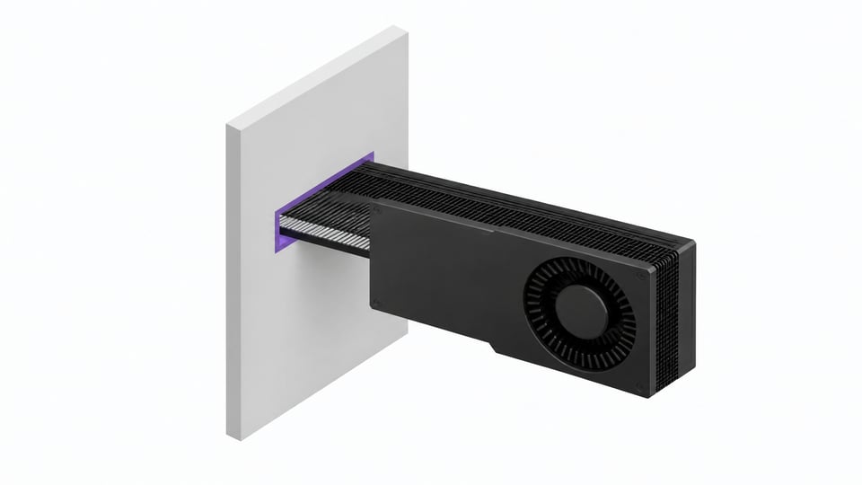 A GPU card passing through a precisely fitted aperture in a partition wall, representing GPU passthrough into an isolated virtual machine.
