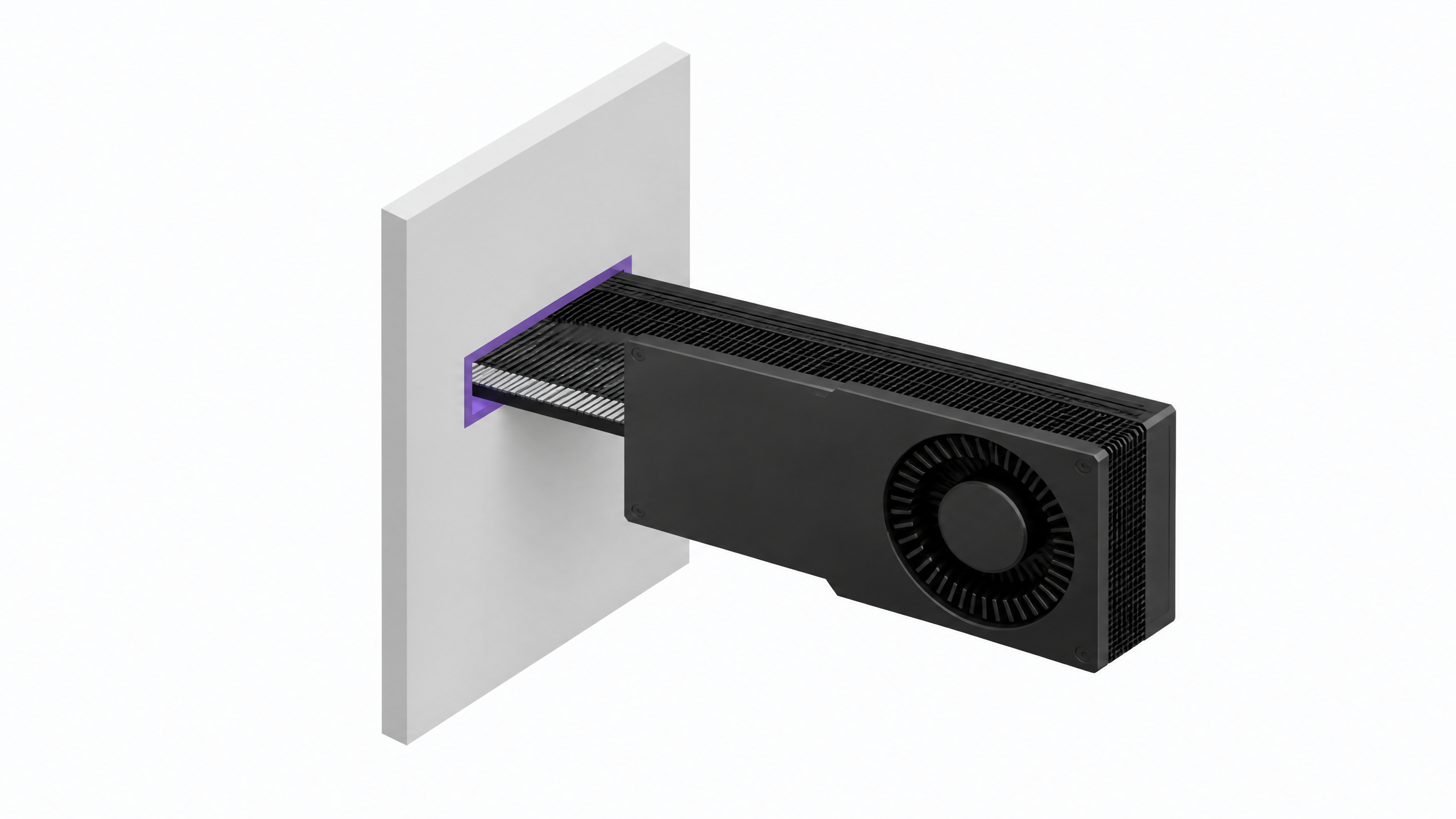 A GPU card passing through a precisely fitted aperture in a partition wall, representing GPU passthrough into an isolated virtual machine.