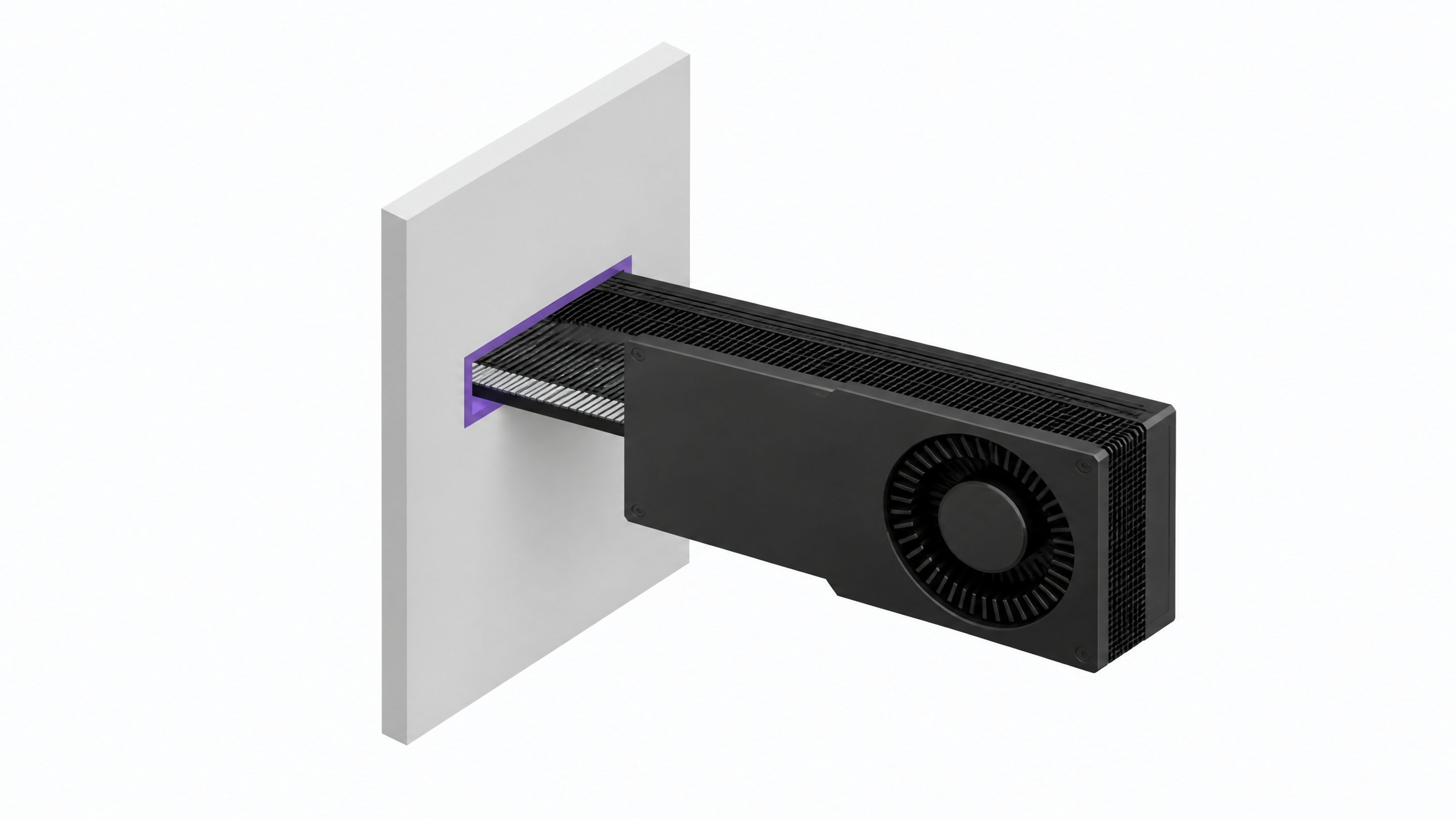 A GPU card passing through a precisely fitted aperture in a partition wall, representing GPU passthrough into an isolated virtual machine.