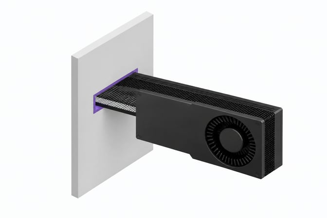 A GPU card passing through a precisely fitted aperture in a partition wall, representing GPU passthrough into an isolated virtual machine.