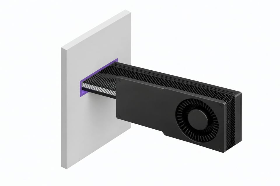 A GPU card passing through a precisely fitted aperture in a partition wall, representing GPU passthrough into an isolated virtual machine.