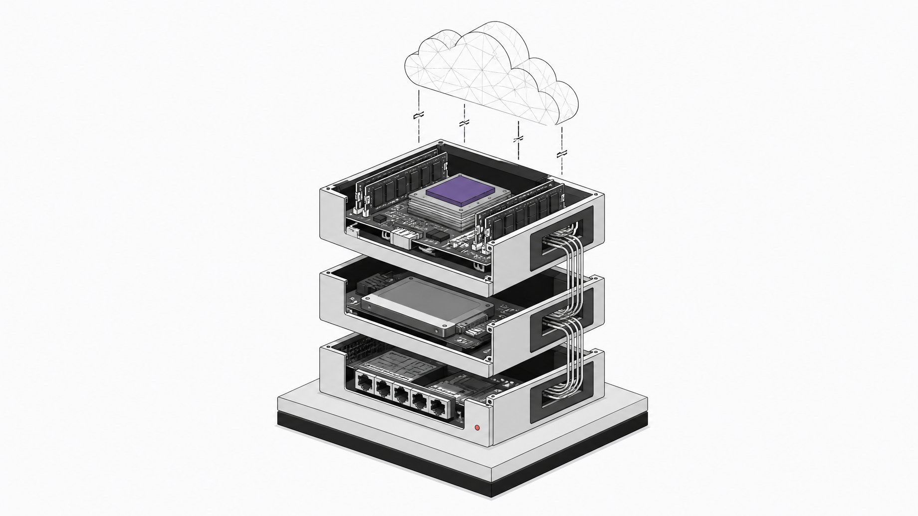 Exploded isometric view of a modular local developer workstation stack (compute, storage, and networking blocks) with its connections to a faded, disconnected cloud shape in the background.