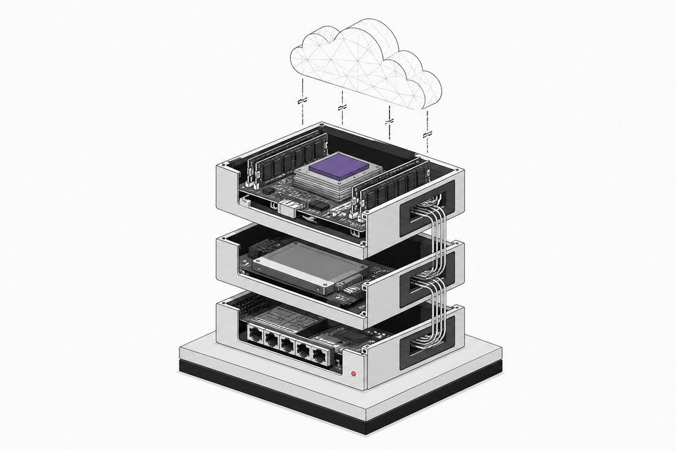 Exploded isometric view of a modular local developer workstation stack (compute, storage, and networking blocks) with its connections to a faded, disconnected cloud shape in the background.