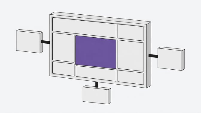 Illustration of a modular multi-panel IDE console with several docked tiles and detached connected modules, representing an agent-native development workspace.