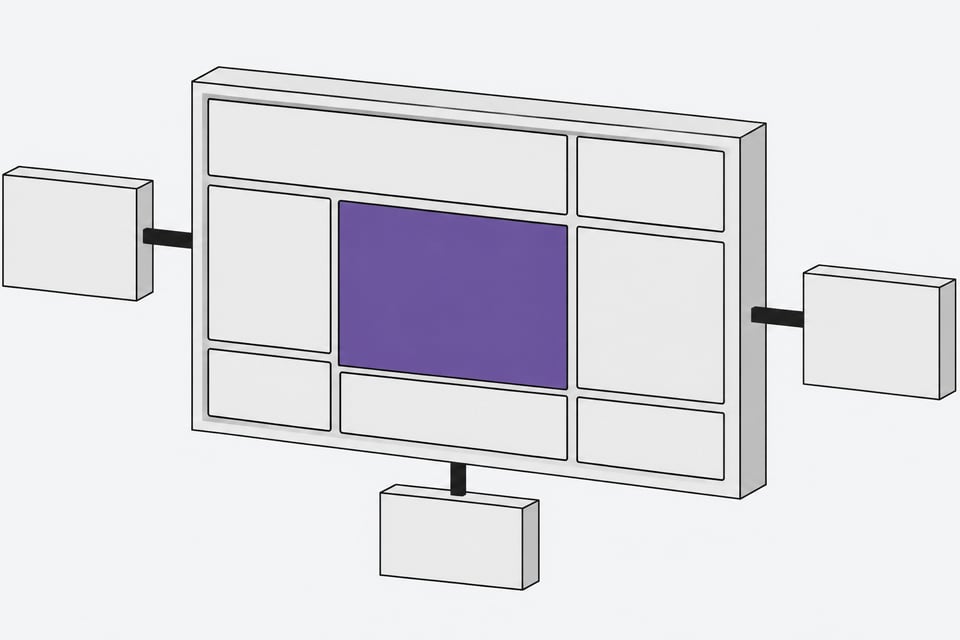 Illustration of a modular multi-panel IDE console with several docked tiles and detached connected modules, representing an agent-native development workspace.