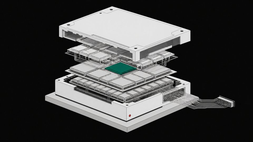 Cutaway illustration of an AI inference accelerator module with its internal compute tiles exposed and one central tile highlighted in accent color.