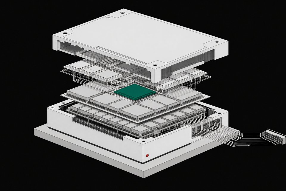 Cutaway illustration of an AI inference accelerator module with its internal compute tiles exposed and one central tile highlighted in accent color.