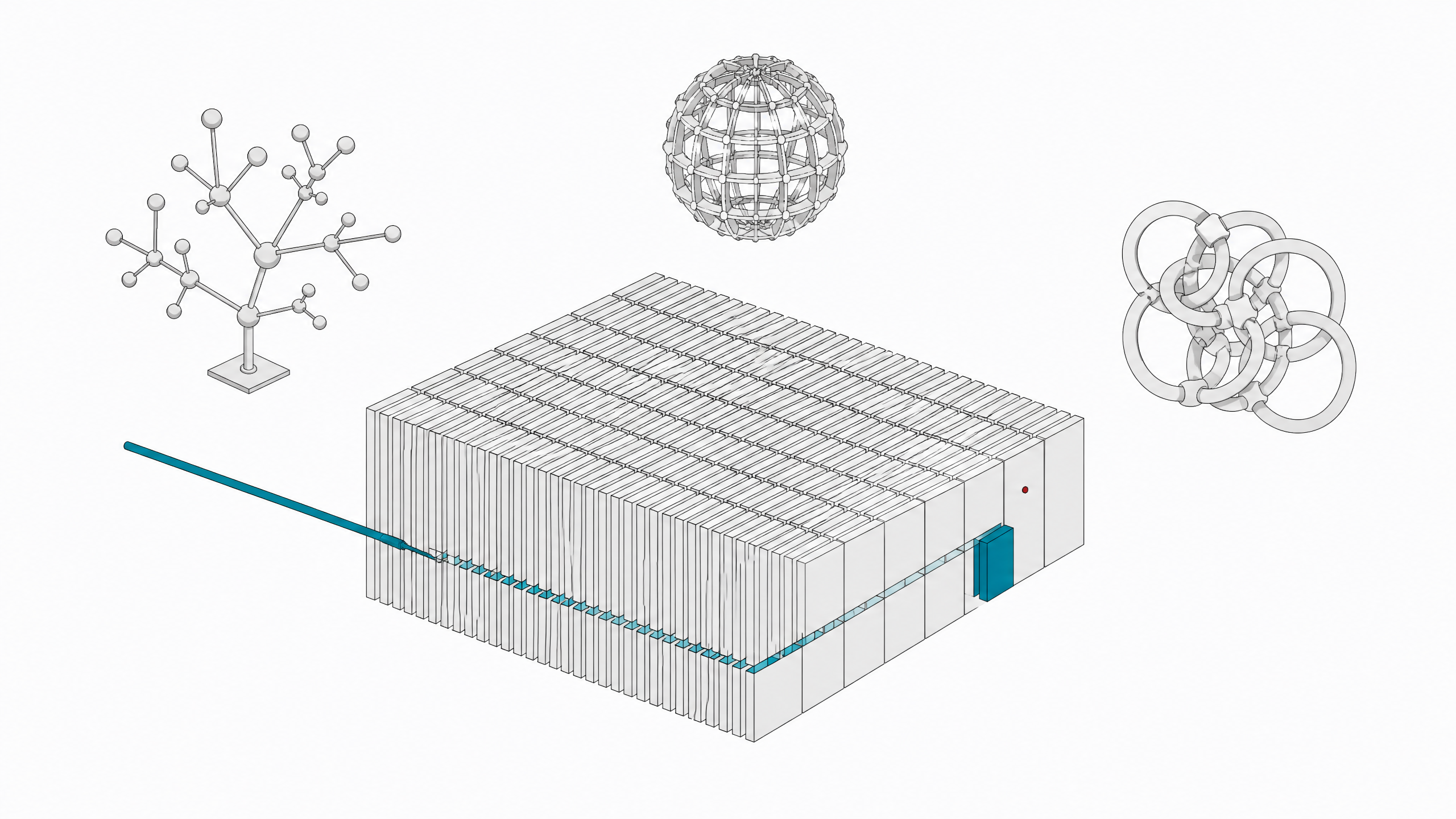 A simple probing rod tracing one direct path through a grid of stacked text blocks, while more complex network and sphere-like search structures float unused nearby.