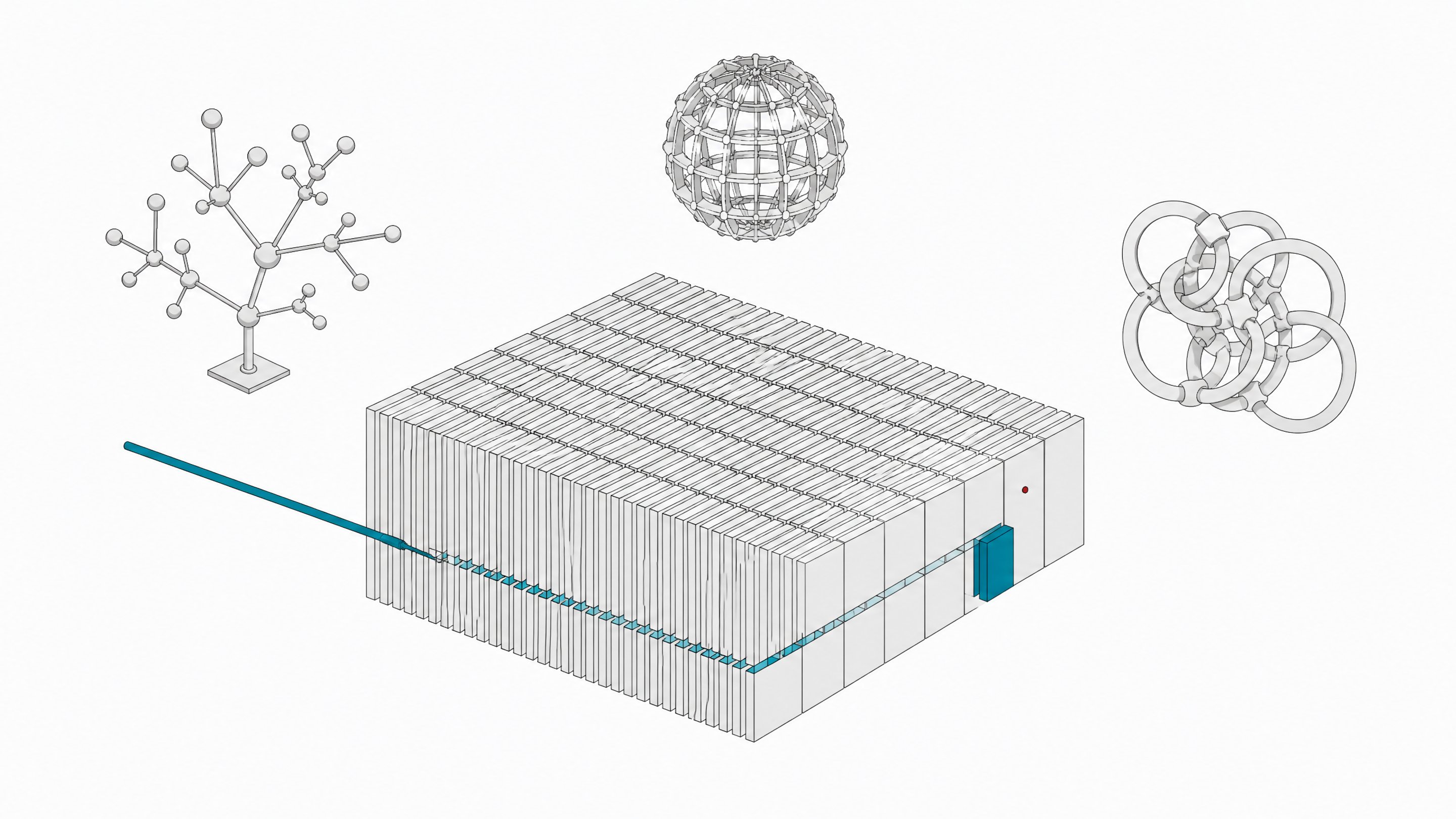 A simple probing rod tracing one direct path through a grid of stacked text blocks, while more complex network and sphere-like search structures float unused nearby.
