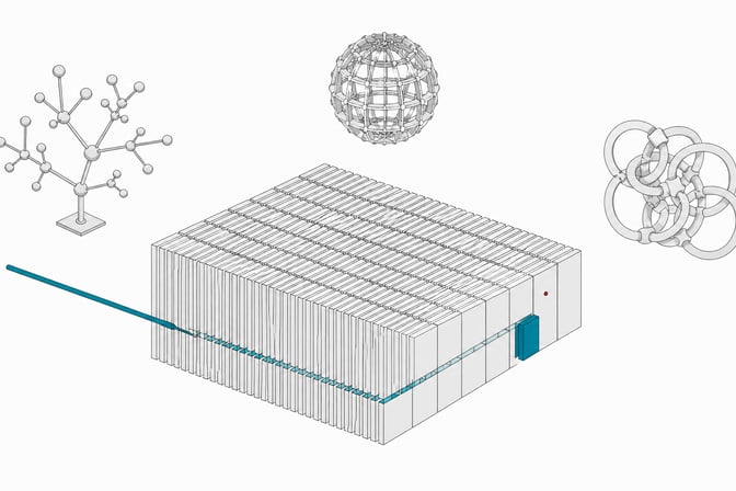 A simple probing rod tracing one direct path through a grid of stacked text blocks, while more complex network and sphere-like search structures float unused nearby.