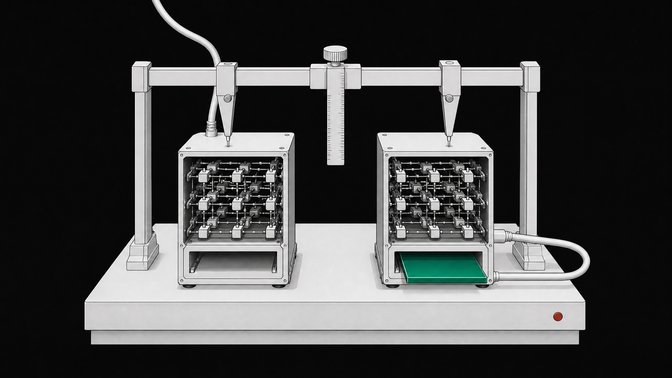 Two compact decision-routing hardware modules shown in cutaway comparison, one connected externally and one self-contained with a card slotted into its front face.