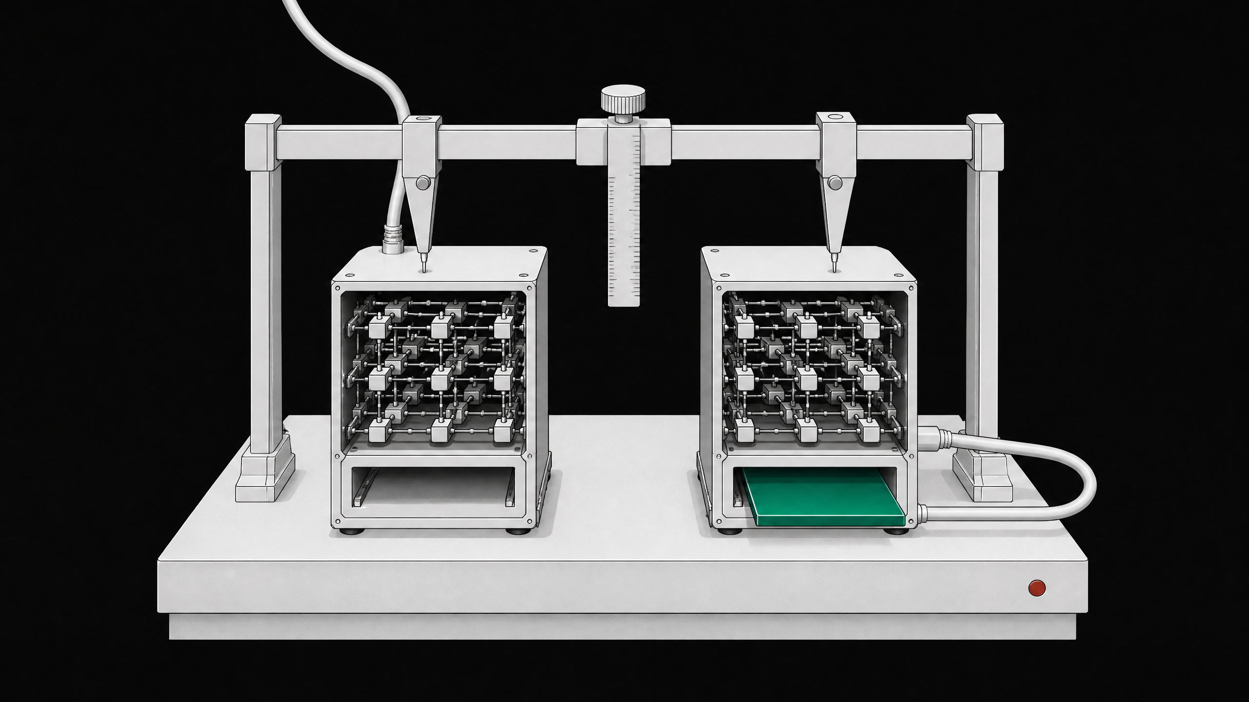 Two compact decision-routing hardware modules shown in cutaway comparison, one connected externally and one self-contained with a card slotted into its front face.
