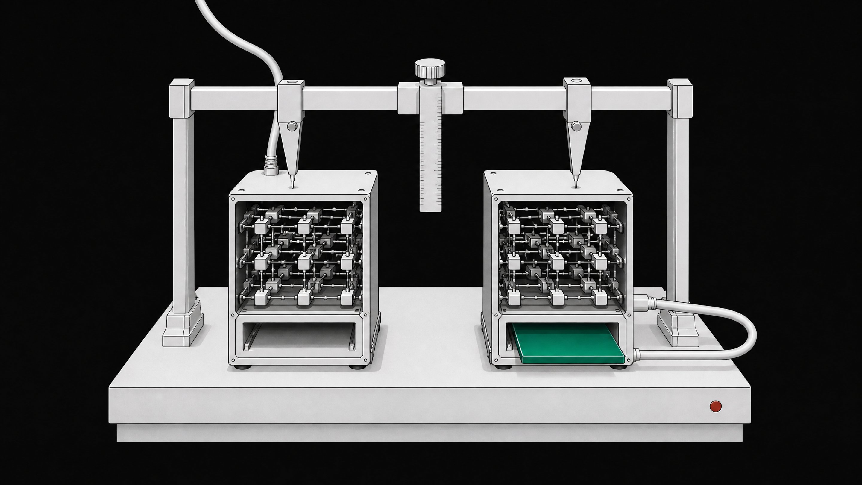 Two compact decision-routing hardware modules shown in cutaway comparison, one connected externally and one self-contained with a card slotted into its front face.