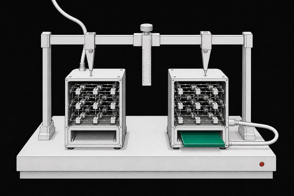 Two compact decision-routing hardware modules shown in cutaway comparison, one connected externally and one self-contained with a card slotted into its front face.