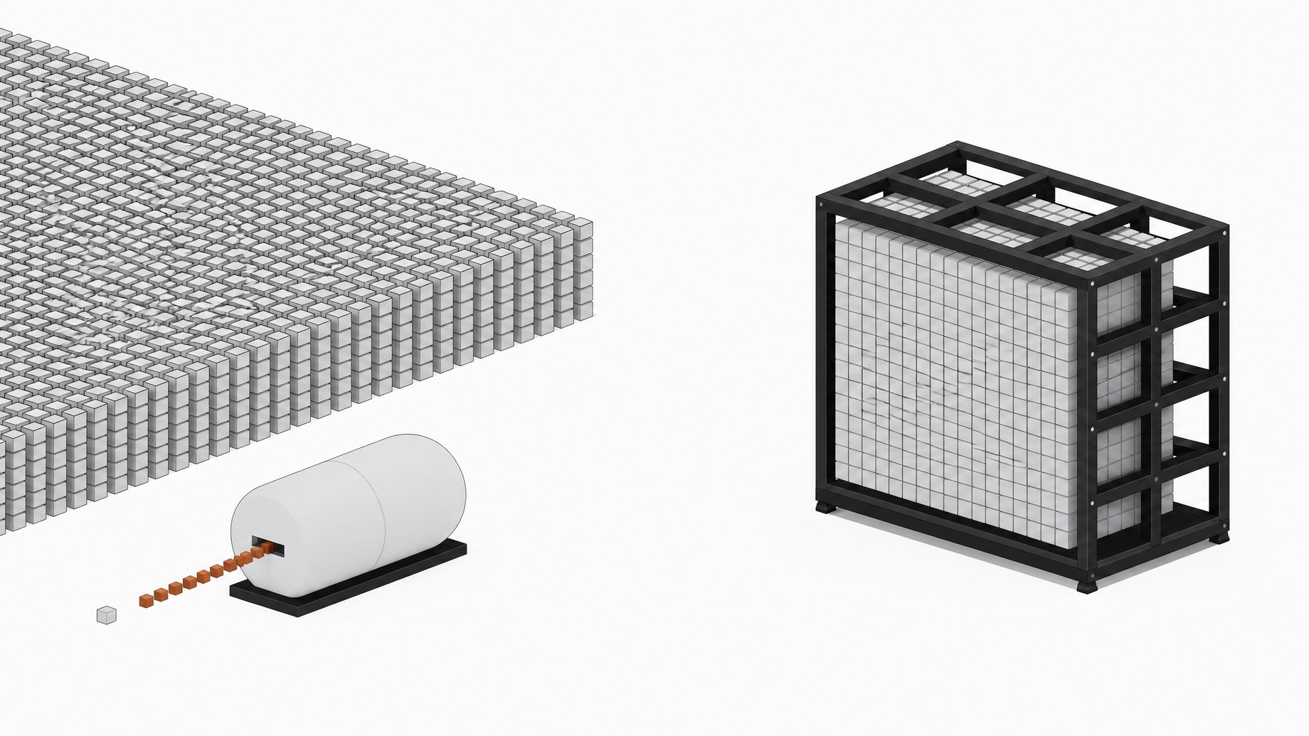 An illustration contrasting a sealed module fed a continuous stream of small token units against an open rack holding one static equivalent block, depicting per-token API billing versus fixed local GPU capacity for high-volume agentic workloads.