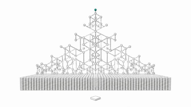 A single predicted token tile sits before a vast grid of identical tiles, above which rises an intricate branching lattice structure built from the same repeated unit, illustrating how simple next-token prediction gives rise to complex emergent structure.