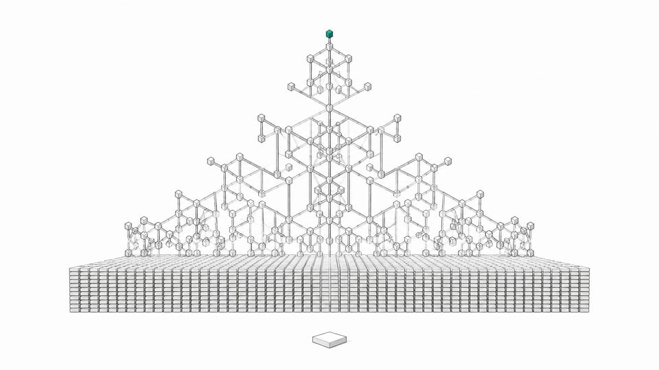A single predicted token tile sits before a vast grid of identical tiles, above which rises an intricate branching lattice structure built from the same repeated unit, illustrating how simple next-token prediction gives rise to complex emergent structure.