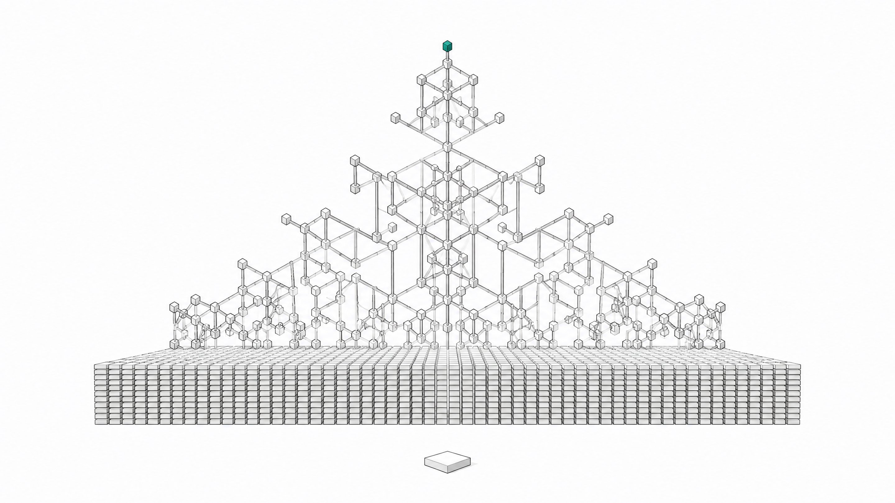 A single predicted token tile sits before a vast grid of identical tiles, above which rises an intricate branching lattice structure built from the same repeated unit, illustrating how simple next-token prediction gives rise to complex emergent structure.