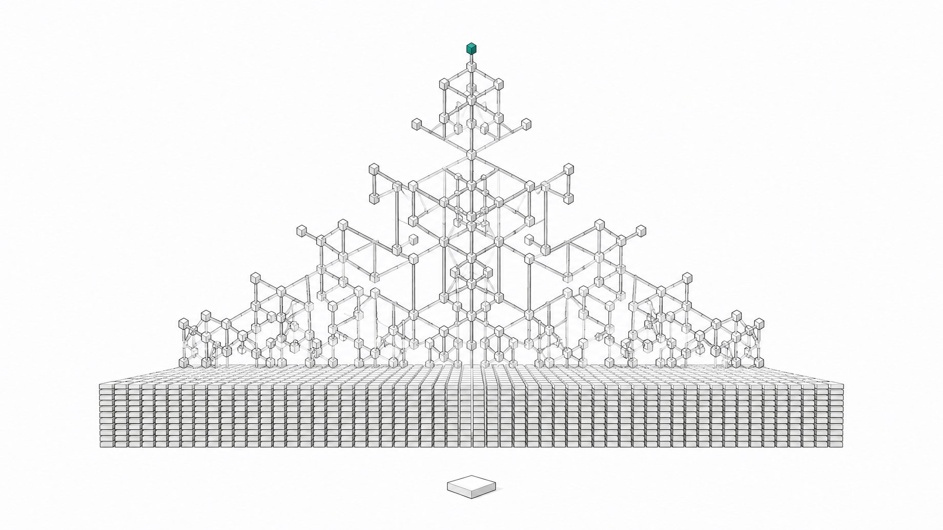 A single predicted token tile sits before a vast grid of identical tiles, above which rises an intricate branching lattice structure built from the same repeated unit, illustrating how simple next-token prediction gives rise to complex emergent structure.