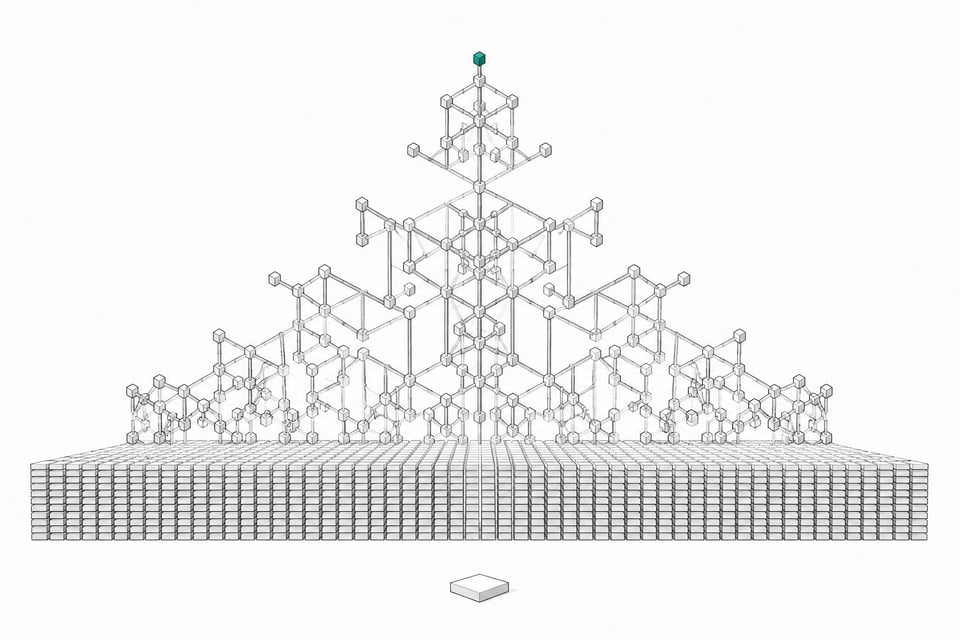 A single predicted token tile sits before a vast grid of identical tiles, above which rises an intricate branching lattice structure built from the same repeated unit, illustrating how simple next-token prediction gives rise to complex emergent structure.