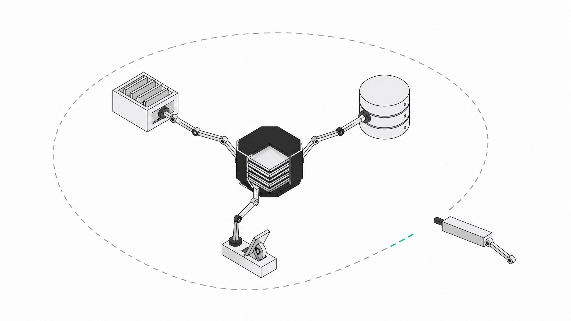 A central AI agent node with arms reaching into an inbox tray, a database stack, and an action lever, surrounded by an incomplete dashed security boundary with one open gap.