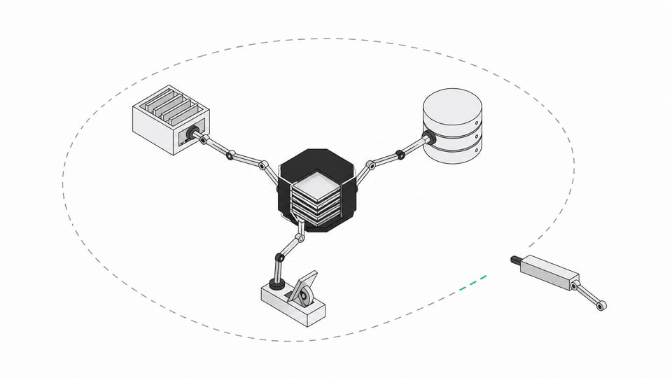 A central AI agent node with arms reaching into an inbox tray, a database stack, and an action lever, surrounded by an incomplete dashed security boundary with one open gap.