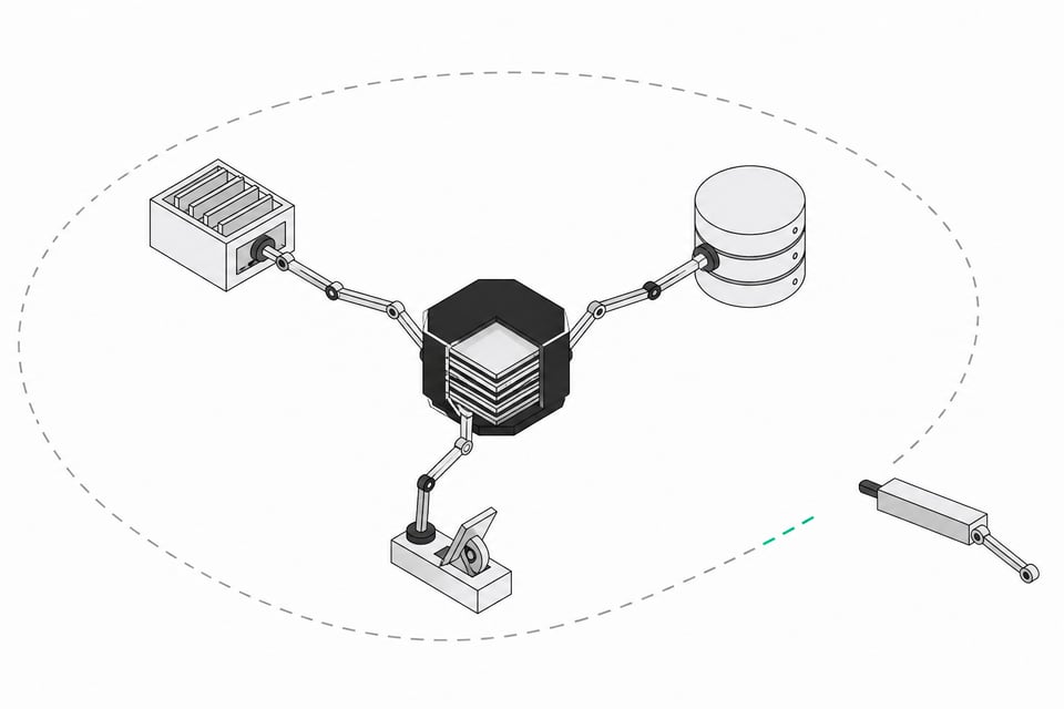A central AI agent node with arms reaching into an inbox tray, a database stack, and an action lever, surrounded by an incomplete dashed security boundary with one open gap.