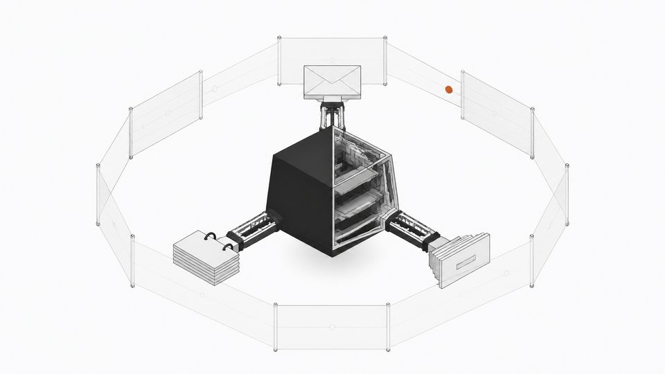 An autonomous AI agent module with arms reaching into mail, customer-record, and file connectors is half-sealed and half-exposed, encircled by a transparent monitoring lattice with a single tracked point of activity.