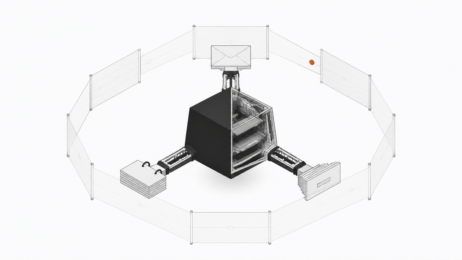 An autonomous AI agent module with arms reaching into mail, customer-record, and file connectors is half-sealed and half-exposed, encircled by a transparent monitoring lattice with a single tracked point of activity.