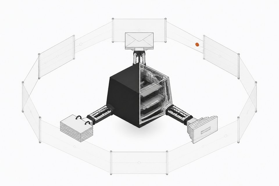 An autonomous AI agent module with arms reaching into mail, customer-record, and file connectors is half-sealed and half-exposed, encircled by a transparent monitoring lattice with a single tracked point of activity.