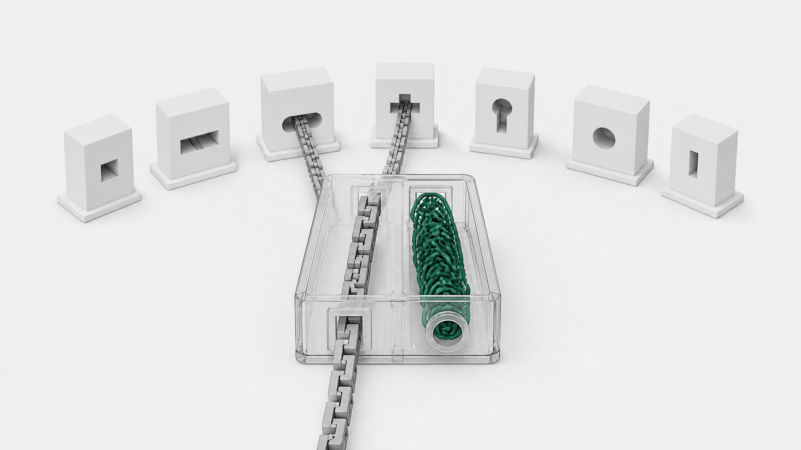 A transparent connector block shows one channel of uniform pieces passing freely into many different ports while a tangled knot in a parallel channel remains stuck able to fit only one port, illustrating portable code versus non-portable reasoning in AI coding agents.