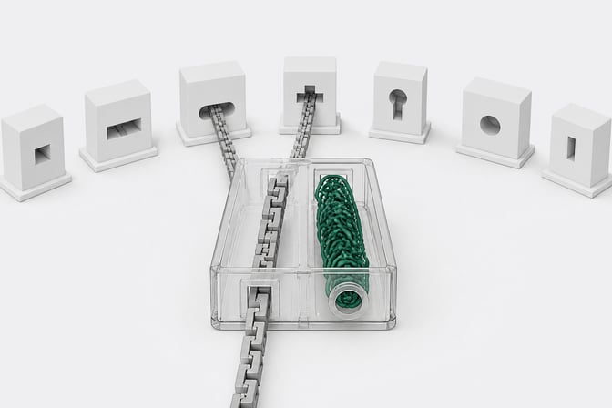 A transparent connector block shows one channel of uniform pieces passing freely into many different ports while a tangled knot in a parallel channel remains stuck able to fit only one port, illustrating portable code versus non-portable reasoning in AI coding agents.