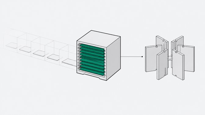 A single spreadsheet cell shown holding a compact stack of nested trays, contrasted with an old row of separate cells and a separate modular no-code builder structure nearby.