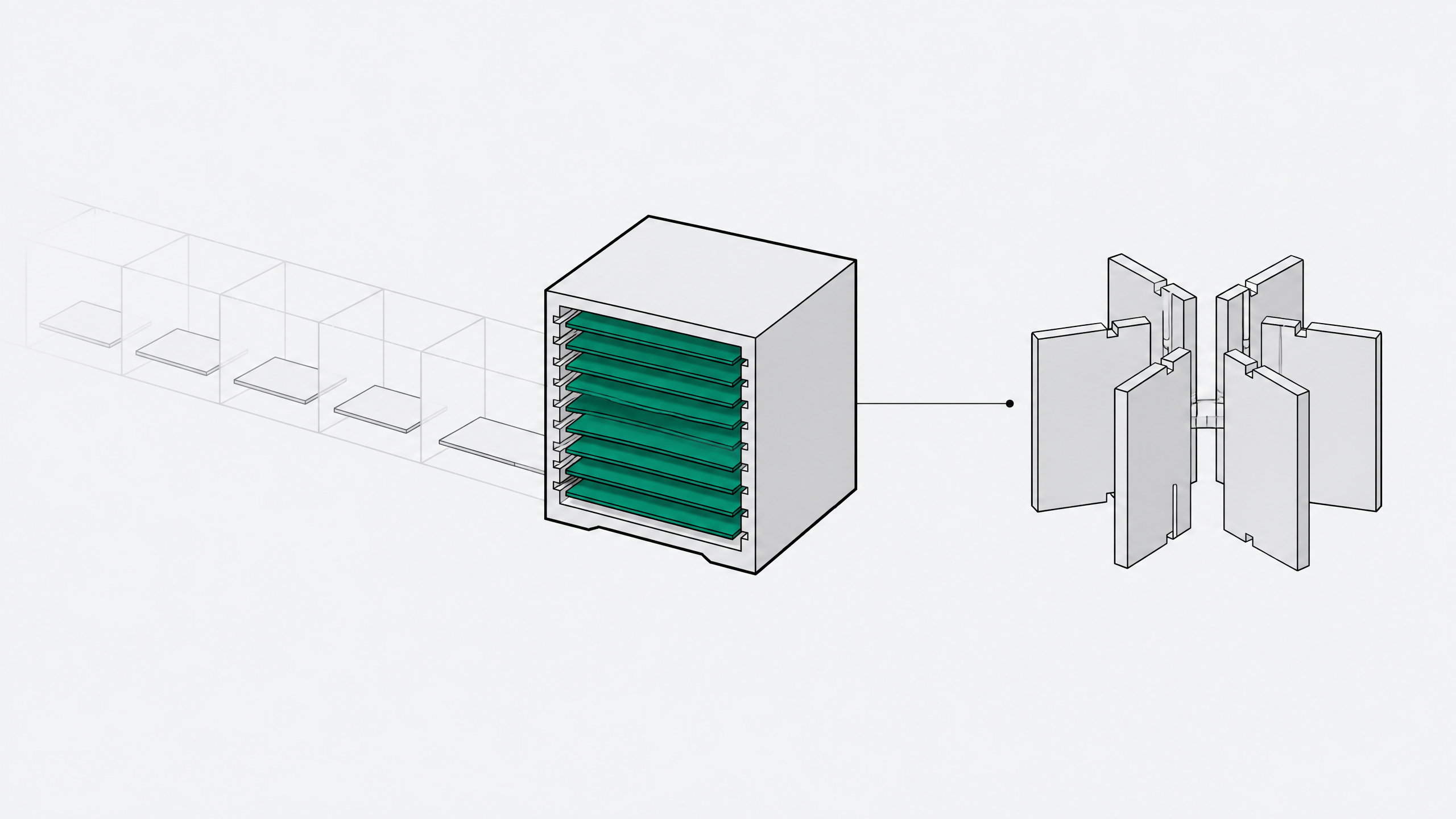 A single spreadsheet cell shown holding a compact stack of nested trays, contrasted with an old row of separate cells and a separate modular no-code builder structure nearby.