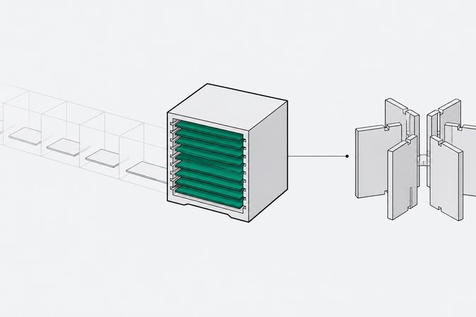 A single spreadsheet cell shown holding a compact stack of nested trays, contrasted with an old row of separate cells and a separate modular no-code builder structure nearby.