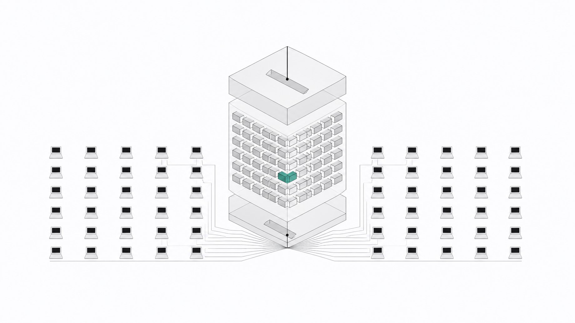 Illustration of a layered AI query pipeline with a compliance-filter layer at its center feeding into a wide grid of connected terminal nodes.