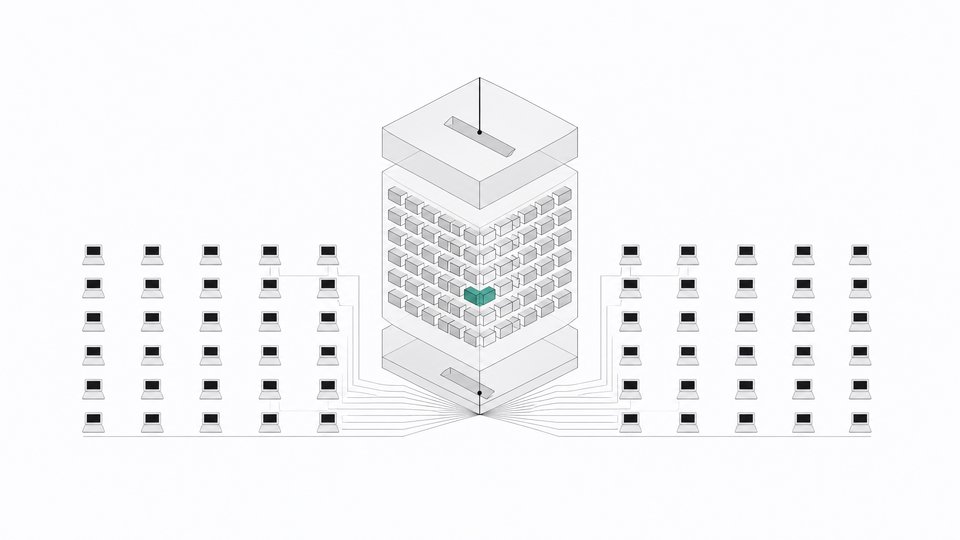 Illustration of a layered AI query pipeline with a compliance-filter layer at its center feeding into a wide grid of connected terminal nodes.