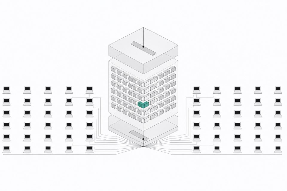 Illustration of a layered AI query pipeline with a compliance-filter layer at its center feeding into a wide grid of connected terminal nodes.