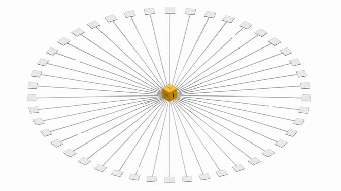 A central filtering cube governs a radiating ring of many identical query paths, some intact and some visibly severed, illustrating DNS-level tracker blocking.