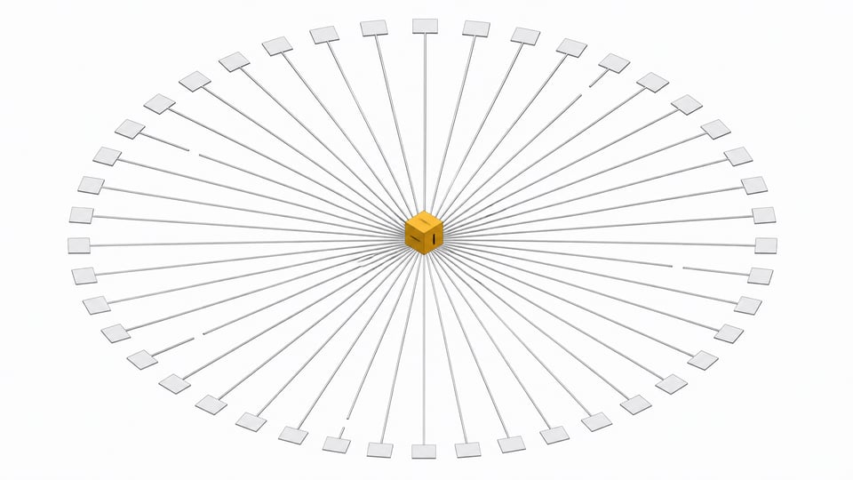 A central filtering cube governs a radiating ring of many identical query paths, some intact and some visibly severed, illustrating DNS-level tracker blocking.