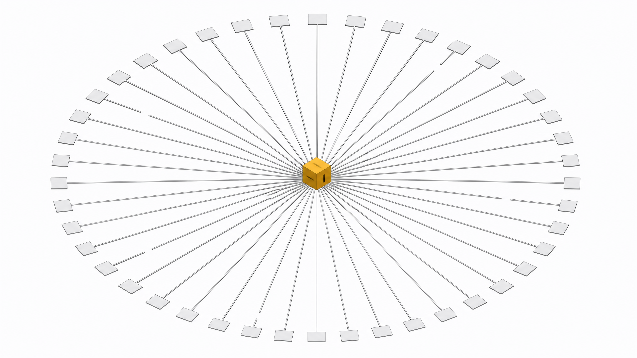 A central filtering cube governs a radiating ring of many identical query paths, some intact and some visibly severed, illustrating DNS-level tracker blocking.