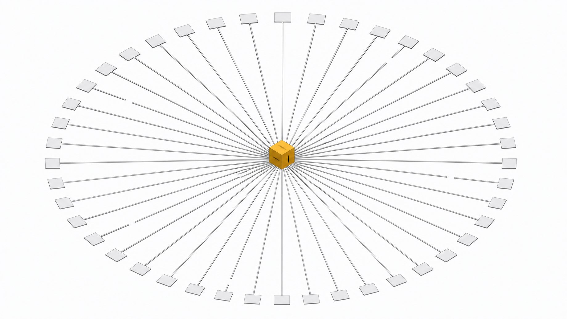 A central filtering cube governs a radiating ring of many identical query paths, some intact and some visibly severed, illustrating DNS-level tracker blocking.